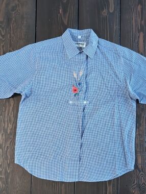 Blue Checked Short-Sleeve Embroidered Women's Blouse